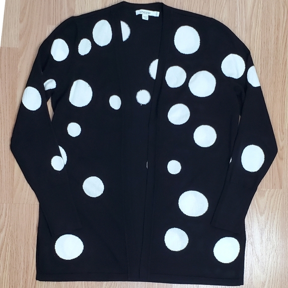 Chicos size S spun rayon big polka dot print open cardigan black knit grandma - Picture 1 of 12